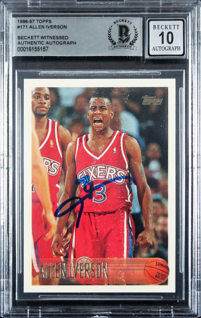 Allen Iverson Signed 1996 Topps #171 Rookie Card Gem Mint 10 Beckett Authenticated: Allen Iverson Signed 1996 Topps #171 Rookie Card Gem Mint 10 Beckett Authenticated This is a remarkable 1996 Topps #171 Rookie Card of Allen Iverson, personally signed by the basketball legend himself