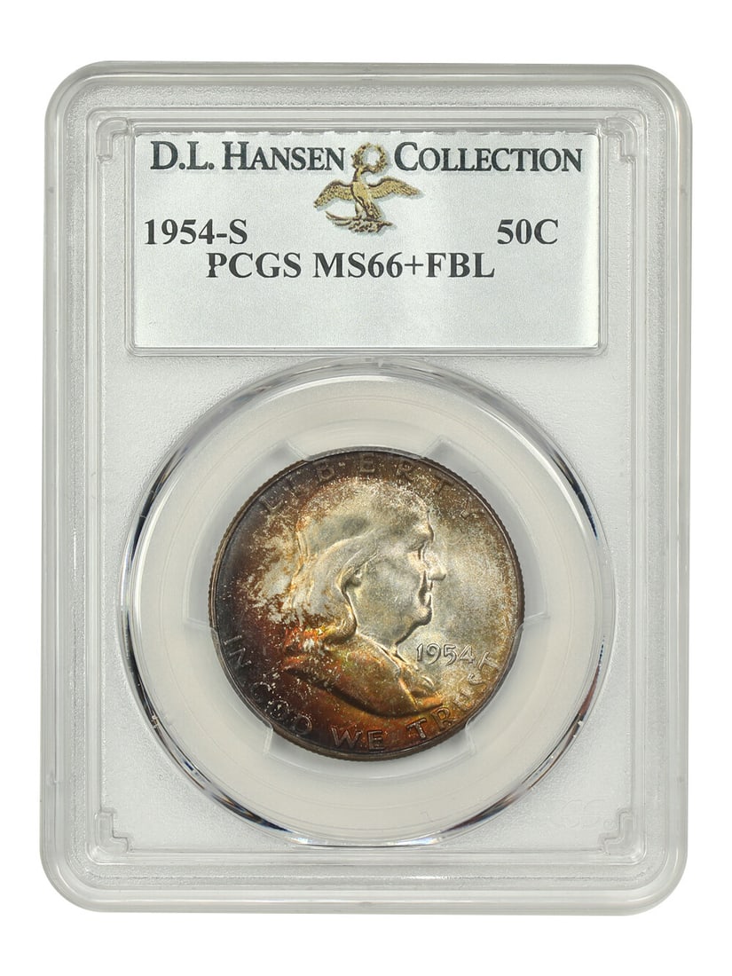 PCGS MS66+FBL 1954-S Franklin Half Dollar ex D.L. Hansen: PCGS MS66+FBL 1954-S Franklin Half Dollar ex D.L. Hansen This 1954-S Franklin Half Dollar is certified by PCGS and graded MS66+FBL. It is an uncirculated 50C coin from the San Francisco mint, with sat