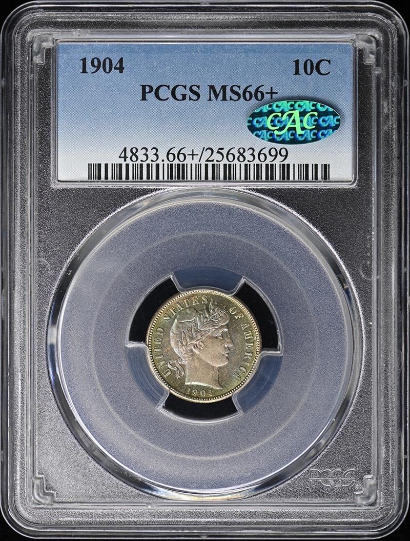 1904 Barber Dime PCGS MS66+ CAC Certified Uncirculated Coin: 1904 Barber Dime PCGS MS66+ CAC Certified Uncirculated Coin This 1904 Barber Dime is graded MS66+ by PCGS, featuring the CAC designation for quality assurance. Struck in Philadelphia, this uncirculate