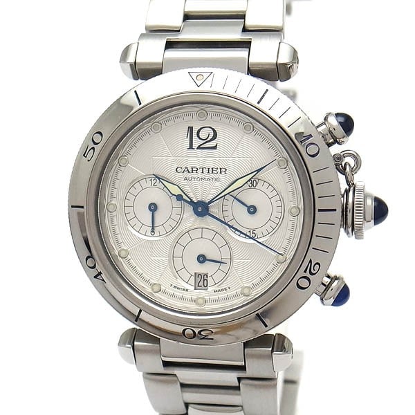Cartier Pasha 38mm Automatic Chronograph Wristwatch See Through Back: Cartier Pasha 38mm Automatic Chronograph Wristwatch See Through Back This Cartier Pasha 38mm Chronograph W31030H3 is a sophisticated men's wristwatch featuring automatic movement and a see-through cas