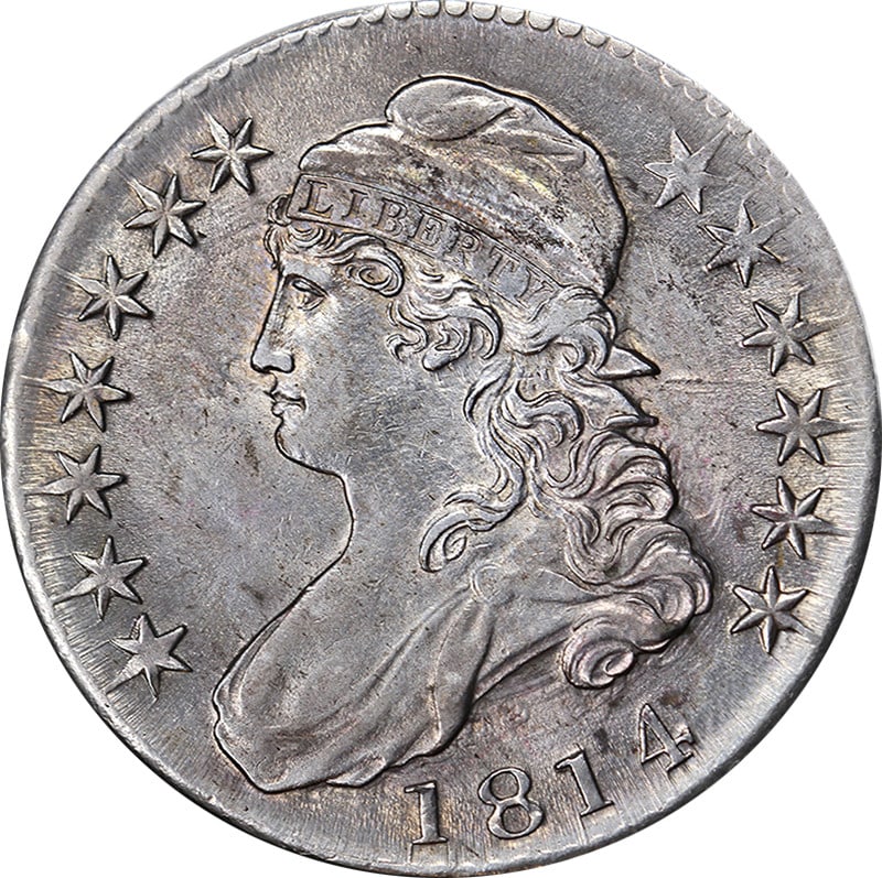 1814 Silver Bust Half Dollar AU or BU Grade O-107 R.2: 1814 Silver Bust Half Dollar AU or BU Grade O-107 R.2 This 1814 Bust Half Dollar features remarkable eye appeal, showcasing a lustrous surface and a strong strike. The coin is graded as Choice AU/BU, 