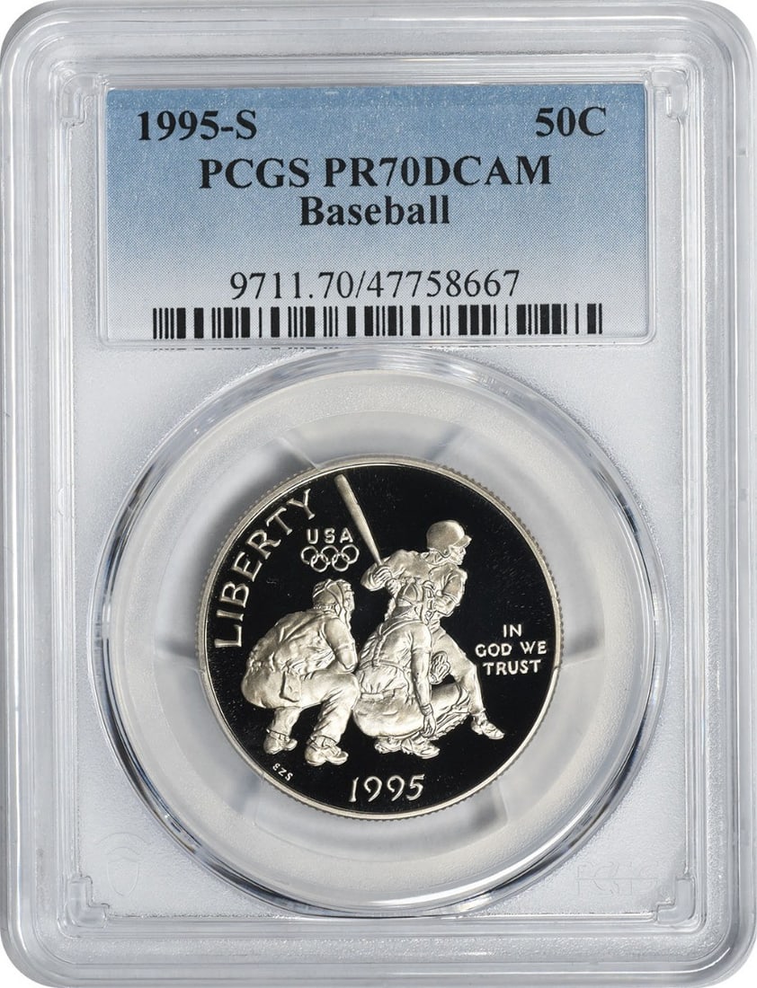 PCGS PR70DCAM 1995-S Baseball Commemorative Half Dollar: PCGS PR70DCAM 1995-S Baseball Commemorative Half Dollar This is a 1995-S Baseball Commemorative Half Dollar, graded PR70DCAM by PCGS. The coin is uncirculated and features a proof strike. It is compos