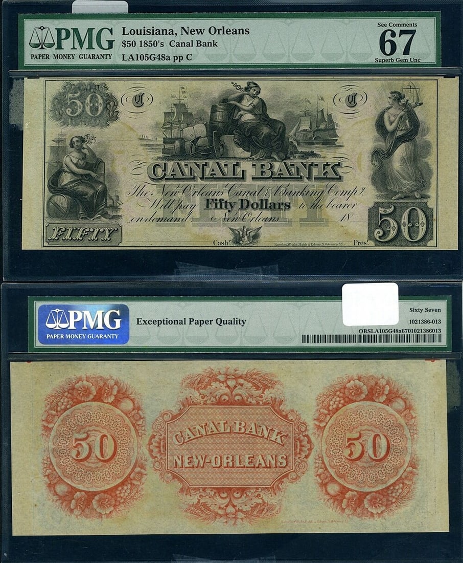 PMG Superb Gem 67 EPQ 1850s New Orleans $50 Canal Bank note: PMG Superb Gem 67 EPQ 1850s New Orleans $50 Canal Bank note This is a $50 remainder banknote from the Canal Bank in New Orleans, Louisiana, dating to the 1850s. The note is certified by PMG and has re