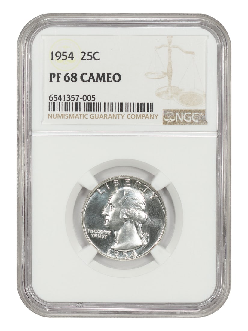 NGC PR68CAM 1954 Washington Quarter 25C Philadelphia Proof: NGC PR68CAM 1954 Washington Quarter 25C Philadelphia Proof 1954 Washington Quarter, denomination 25C, certified by NGC as PR68CAM. Struck in Philadelphia and listed as uncirculated, this pre-owned coi