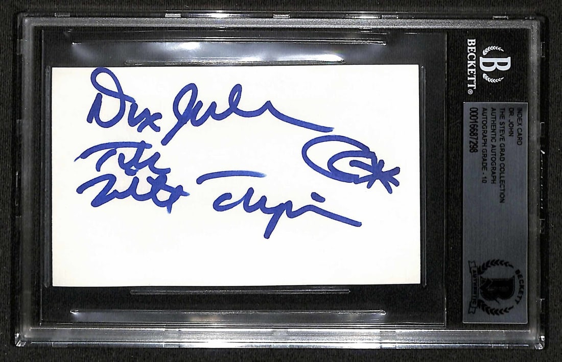 Dr. John Autographed 3x5 Index Card Beckett Authenticated: Dr. John Autographed 3x5 Index Card Beckett Authenticated This is an original autographed 3x5 index card signed by the legendary blues and jazz musician, Dr. John, who passed away on June 6, 2019. The