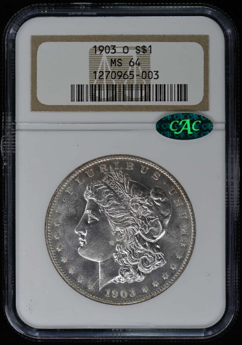 1903-O Morgan Dollar NGC MS64 CAC Uncirculated New Orleans: 1903-O Morgan Dollar NGC MS64 CAC Uncirculated New Orleans This 1903-O Morgan Dollar is a stunning example of American numismatic history. Graded MS64 by NGC with a CAC designation, this uncirculated 