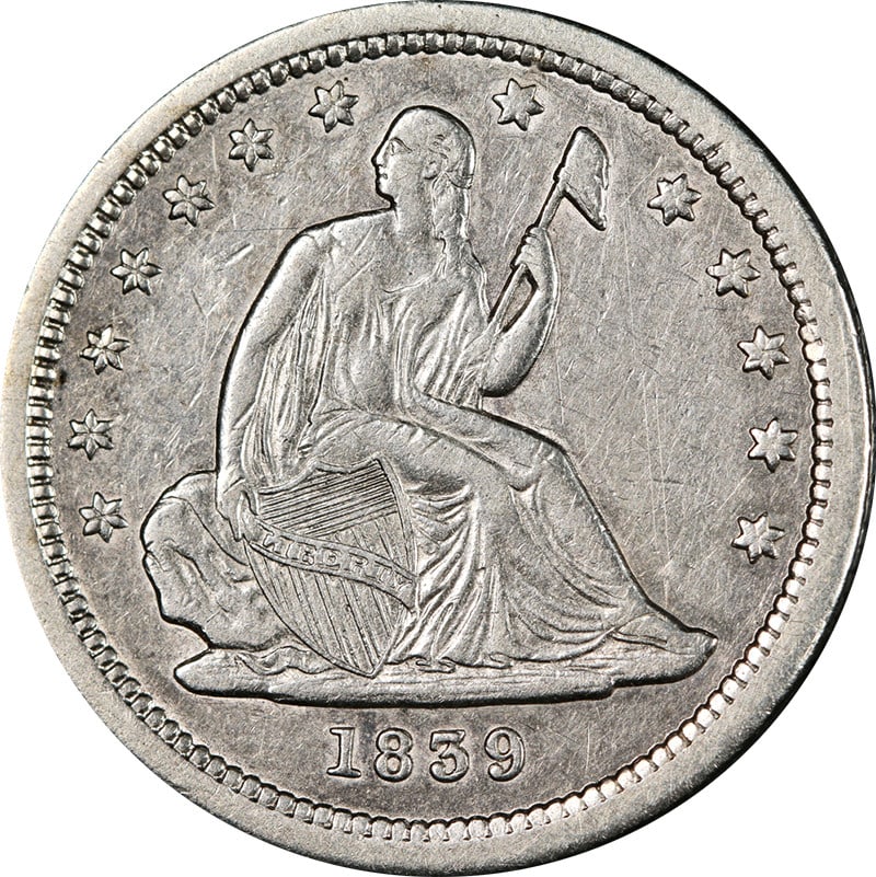 1839 Seated Liberty No Drapery Quarter Silver XF AU Details: 1839 Seated Liberty No Drapery Quarter Silver XF AU Details An 1839 Seated Liberty Quarter with the No Drapery design, offered in circulated condition. The coin is silver, with 0.9 fineness, and is de