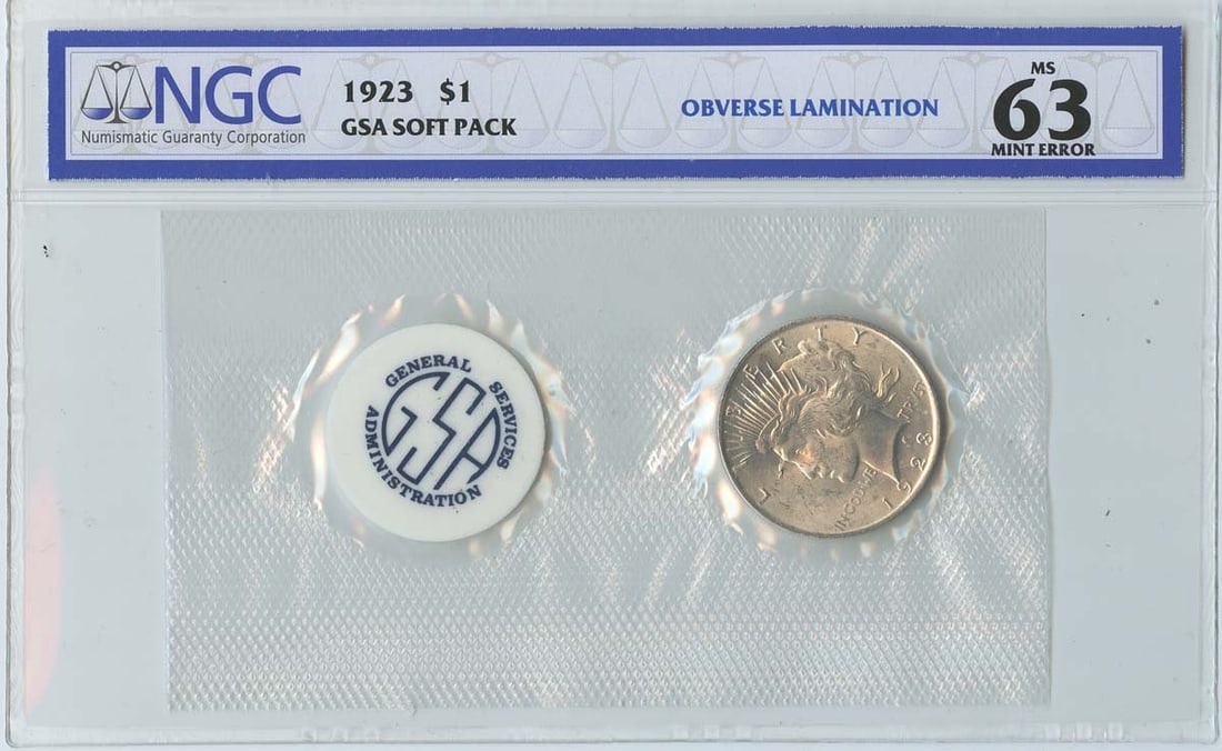 1923 Peace Dollar Soft Pack Mint Error NGC MS63 Obverse Lamination: 1923 Peace Dollar Soft Pack Mint Error NGC MS63 Obverse Lamination This 1923 Peace Dollar features a mint error with obverse lamination and comes in a GSA soft pack. It is graded MS63 by NGC and was s