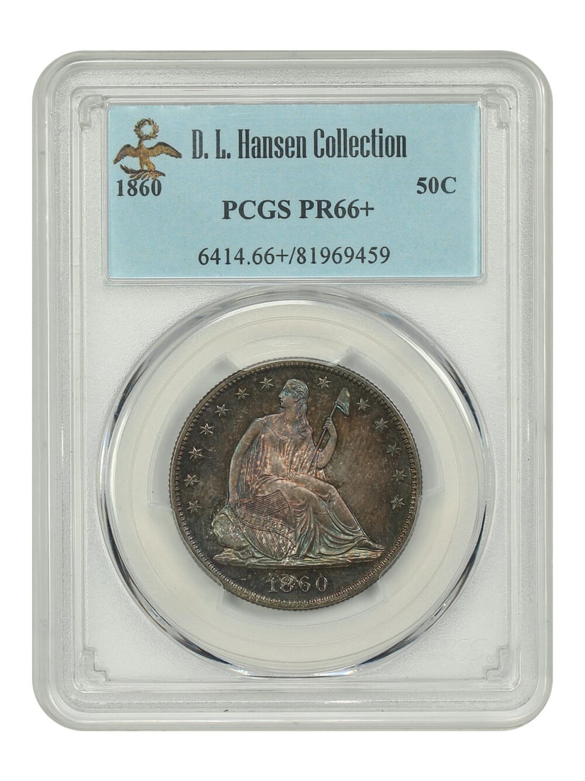 PCGS PR66+ 1860 Liberty Seated Half Dollar 50C: PCGS PR66+ 1860 Liberty Seated Half Dollar 50C 1860 Liberty Seated Half Dollar 50C, PCGS PR66+, ex: D.L. Hansen. This uncirculated proof coin was struck at Philadelphia and is noted as a very scarce l