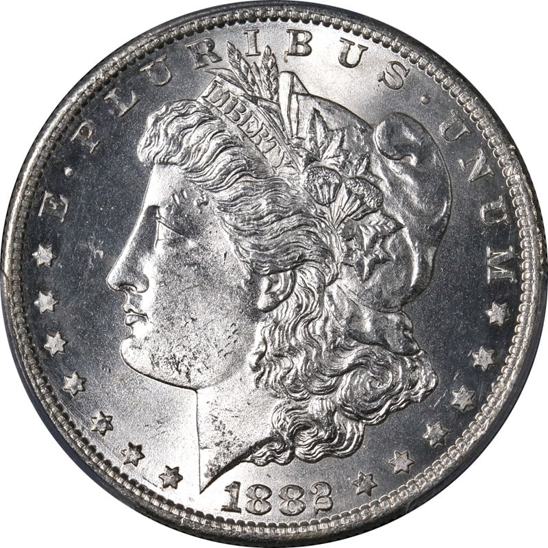 1882-S Morgan Silver Dollar PCGS MS64 Blast White Strong Strike: 1882-S Morgan Silver Dollar PCGS MS64 Blast White Strong Strike This 1882-S Morgan Silver Dollar is graded MS64 by PCGS, featuring a blast white appearance with strong strike and excellent luster. The