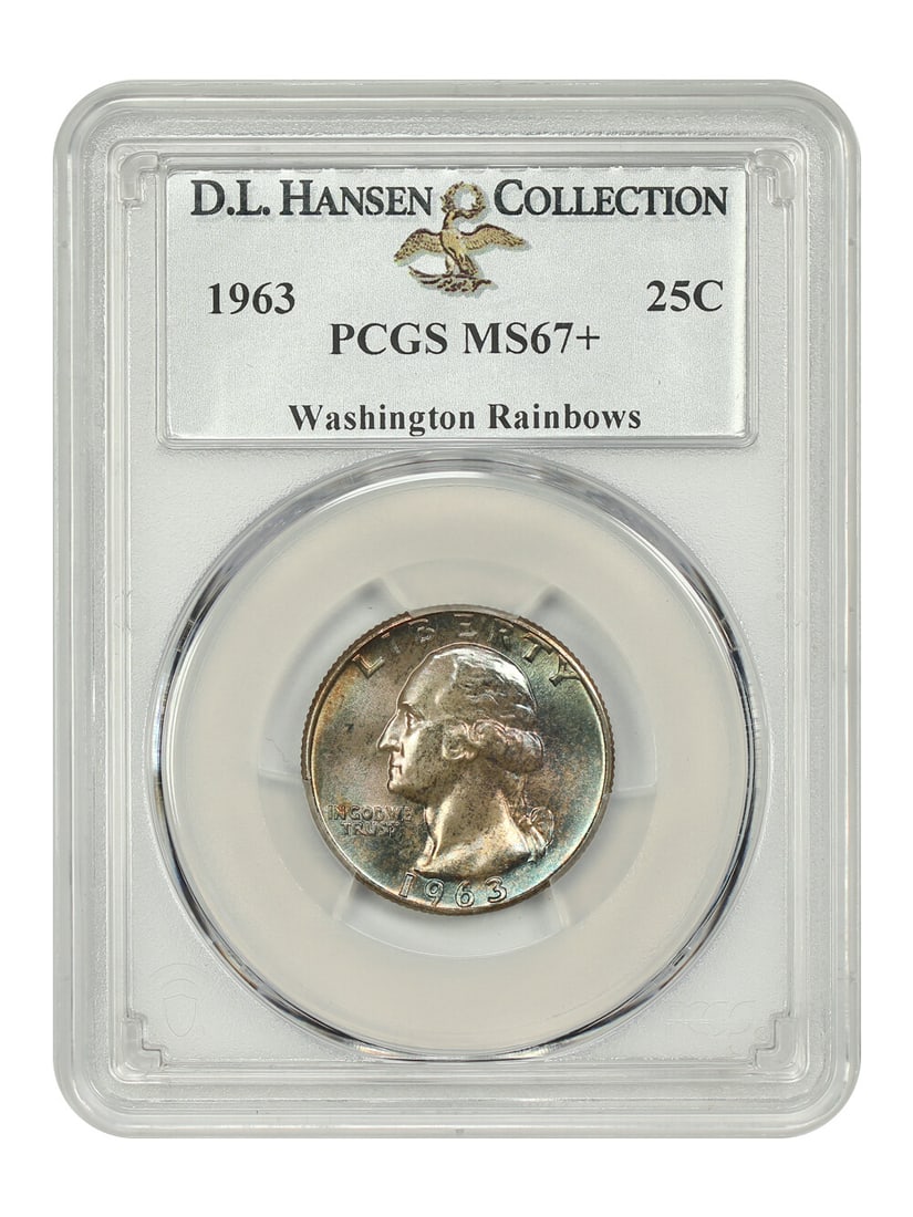 1963 Washington Quarter 25C PCGS MS67+ ex D.L. Hansen: 1963 Washington Quarter 25C PCGS MS67+ ex D.L. Hansen This 1963 Washington Quarter is certified by PCGS and graded MS67+. It is tied for finest known and is also the PCGS plate coin for the issue. The