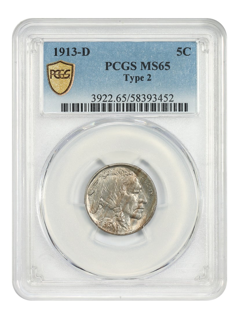 PCGS MS65 1913-D Buffalo Nickel Type 2 5C: PCGS MS65 1913-D Buffalo Nickel Type 2 5C 1913-D Buffalo Nickel graded PCGS MS65 (Type 2). This uncirculated coin is certified by PCGS and shows streaks of sienna hues on the obverse of this lustrous 