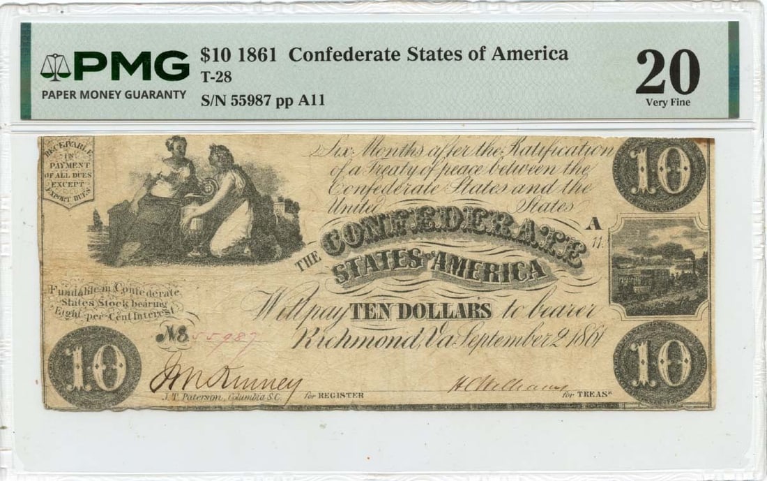 Confederate States T-28 Ten Dollar Note 1861 PMG VF20: Confederate States T-28 Ten Dollar Note 1861 PMG VF20 This is an 1861 $10 Confederate States of America note, certified by PMG with a grade of VF20. The note is circulated and in pre-owned condition. 