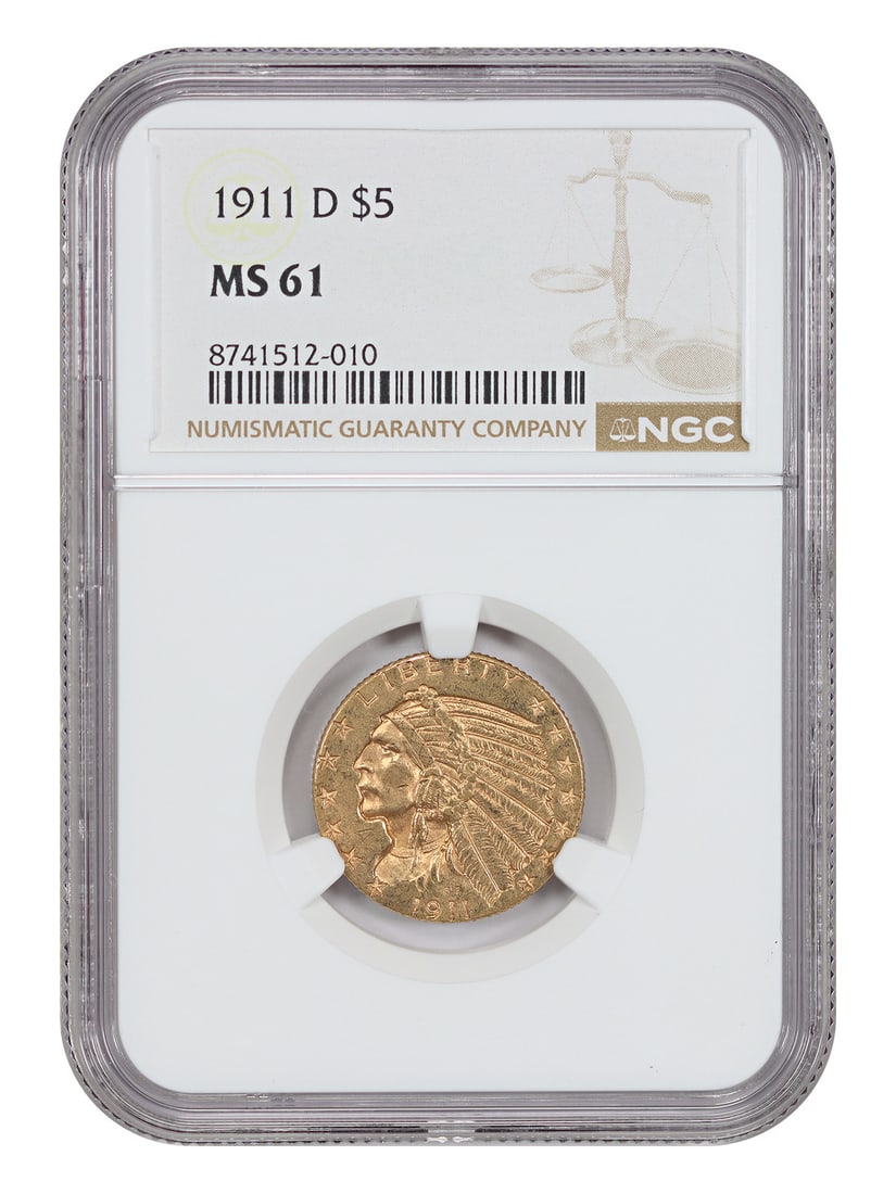 NGC MS61 1911-D Indian Half Eagle $5 Key Date (1 of 4)