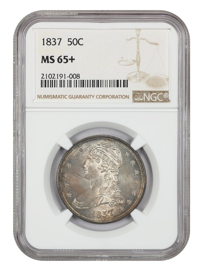 1837 NGC MS65+ Capped Bust Reeded Edge Half Dollar 50C: 1837 NGC MS65+ Capped Bust Reeded Edge Half Dollar 50C An 1837 Capped Bust Half Dollar, denominated 50C, certified by NGC and graded MS65+. Struck in Philadelphia, this uncirculated example is describ