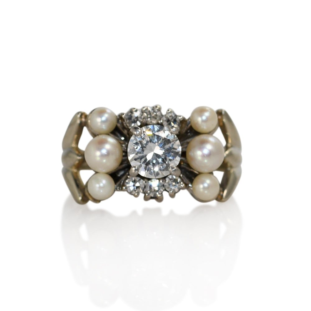 Vintage 14K White Gold Pearl Diamond Ring 0.67ct Size 4.5 (1 of 4)