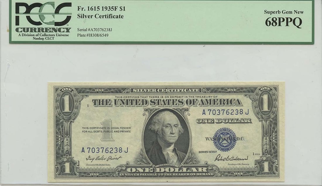PCGS MS68 1935F One Dollar Silver Certificate FR 1615: PCGS MS68 1935F One Dollar Silver Certificate FR 1615 This is a 1935F $1 Silver Certificate from the United States, type 1615, featuring the portrait of George Washington. Graded MS68 as Superb Gem Ne