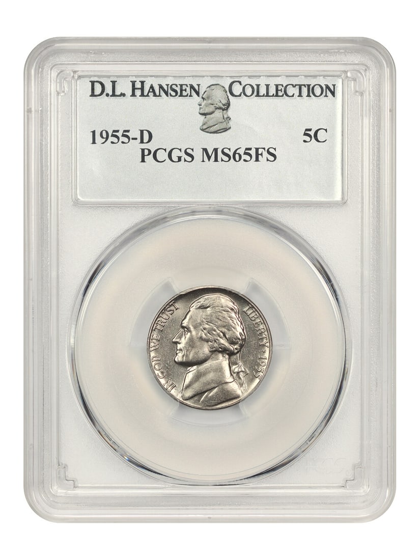 1955-D 5c Jefferson Nickel PCGS MS65 FS D.L. Hansen: 1955-D 5c Jefferson Nickel PCGS MS65 FS D.L. Hansen This stunning 1955-D Jefferson Nickel is certified by PCGS with a grade of MS65 and features the Full Steps (FS) designation, indicating its superio