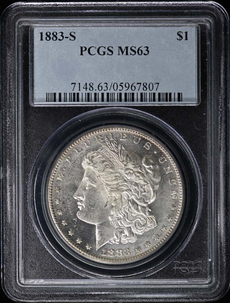 1883-S Morgan Dollar PCGS MS63 Uncirculated San Francisco: 1883-S Morgan Dollar PCGS MS63 Uncirculated San Francisco This 1883-S Morgan Dollar is an exceptional piece, certified by PCGS with a grade of MS63, indicating its uncirculated condition. Minted in Sa