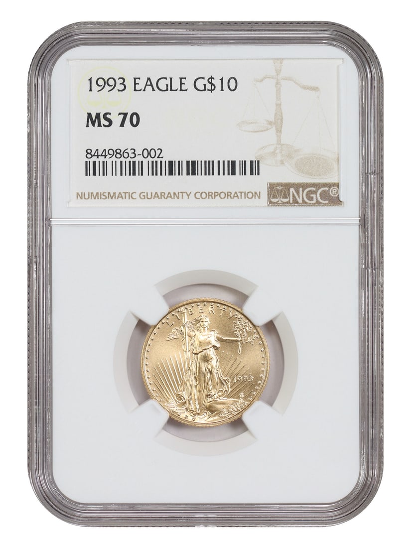 NGC MS70 1993 $10 Gold Eagle Coin: NGC MS70 1993 $10 Gold Eagle Coin 1993 $10 Gold Eagle certified by NGC and graded MS70. The coin is a pre-owned example from the Philadelphia Mint. Specifications Denomination: $10 Year: 1993 Mint Loc