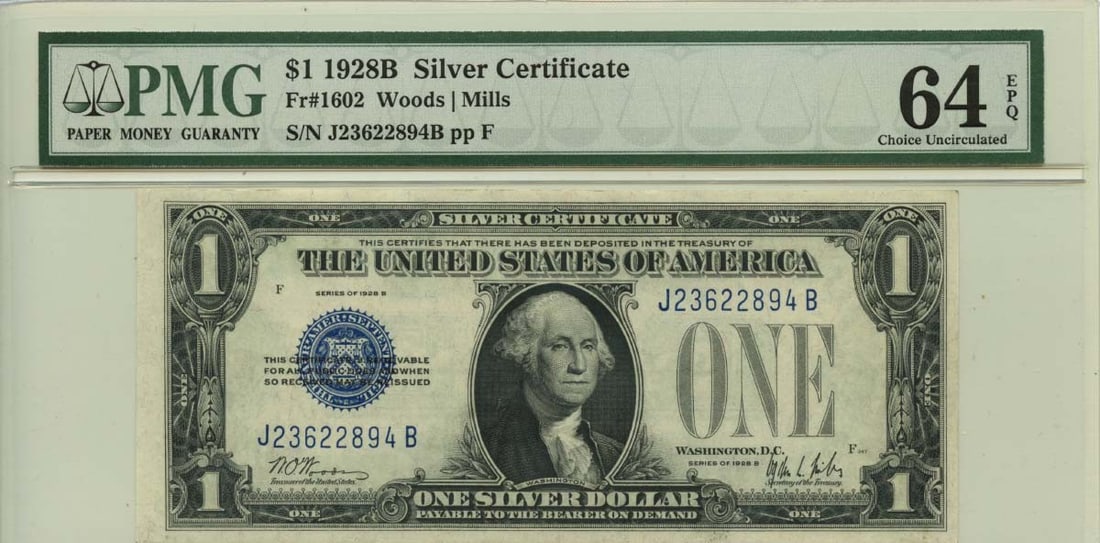 PMG MS64 1928B $1 Silver Certificate Fr# 1602 Blue Seal Uncirculated: PMG MS64 1928B $1 Silver Certificate Fr# 1602 Blue Seal Uncirculated This 1928B $1 Silver Certificate Blue Seal, designated as Fr# 1602, has been certified by PMG with a grade of CH64 EPQ. It is an un