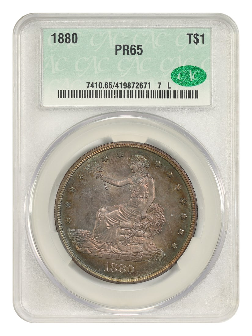 1880 CACG PR65 Trade Dollar Proof Only Issue: 1880 CACG PR65 Trade Dollar Proof Only Issue 1880 Trade Dollar certified by CACG and designated PR65. This Philadelphia proof-only issue is described as a great type coin with a mintage of just 1,987 