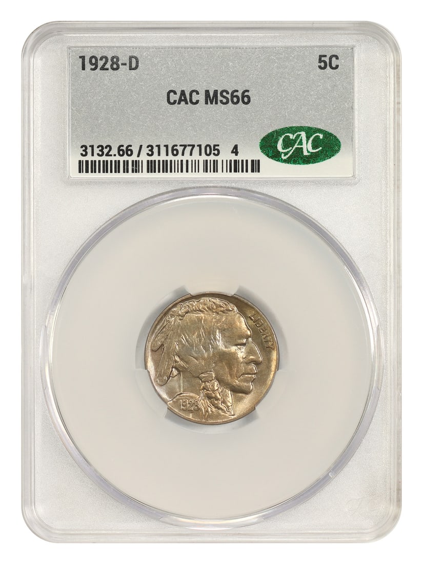 Buffalo Nickel 1928 D 5C MS66 CACG: Buffalo Nickel 1928 D 5C MS66 CACG 1928-D Buffalo Nickel certified by CACG and graded MS66. This uncirculated Denver-mint coin is described as a tougher gem example from the later 1920s issues, displa