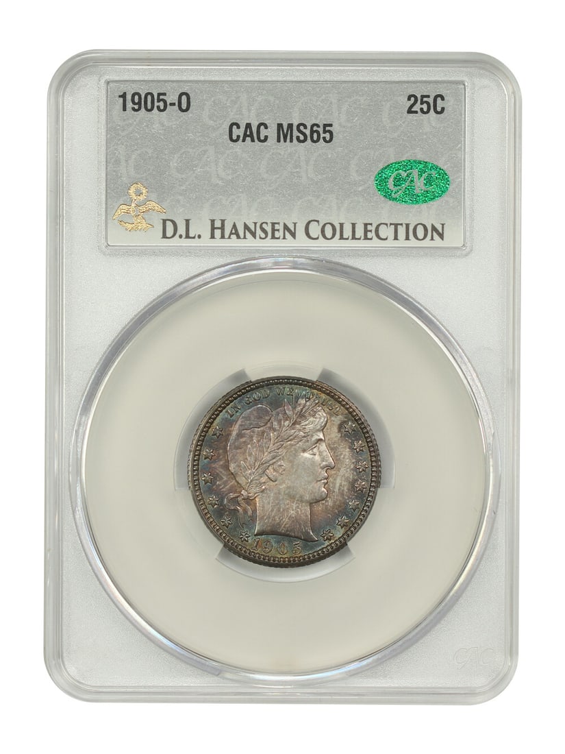 CACG MS65 1905 O Barber Quarter 25C ex D.L. Hansen: CACG MS65 1905 O Barber Quarter 25C ex D.L. Hansen 1905-O Barber Quarter graded MS65 by CACG. This uncirculated coin has a 25C denomination and was struck at the New Orleans mint. It is described as o