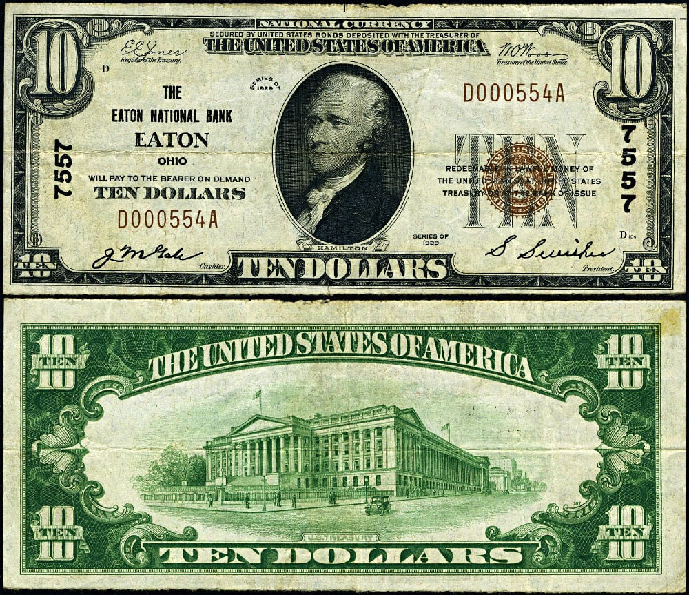 Eaton Ohio $10 1929 T-1 National Bank Note Ch #7557 (1 of 3)