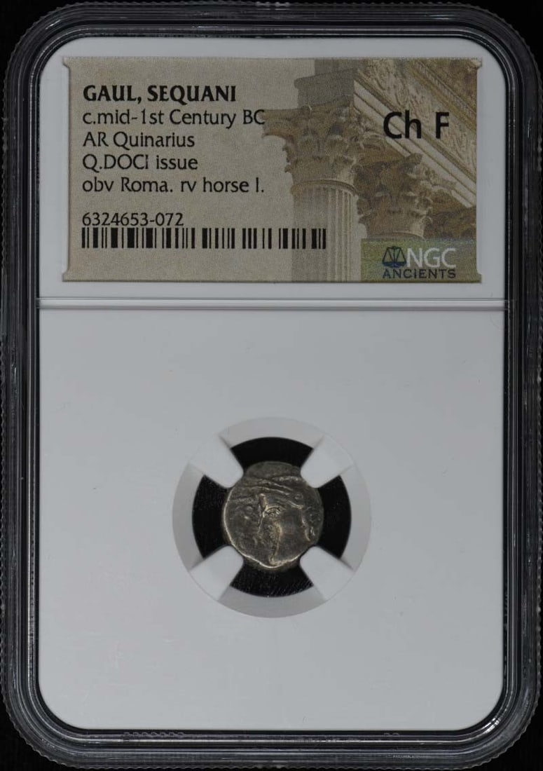 Sequani Quinarius Silver Coin NGC Certified c Mid 1st Century BC: Sequani Quinarius Silver Coin NGC Certified c Mid 1st Century BC This ancient silver quinarius coin originates from the Sequani tribe of Gaul and dates to the mid-1st century BC. Certified by NGC and 