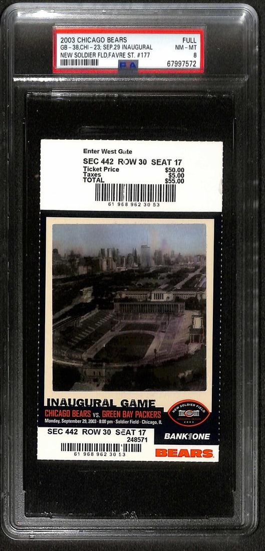 2003 Chicago Bears vs Packers Inaugural Game Ticket PSA 8: 2003 Chicago Bears vs Packers Inaugural Game Ticket PSA 8 This is an original full ticket from the historic inaugural game at the newly renovated Soldier Field, held on September 29, 2003, between the