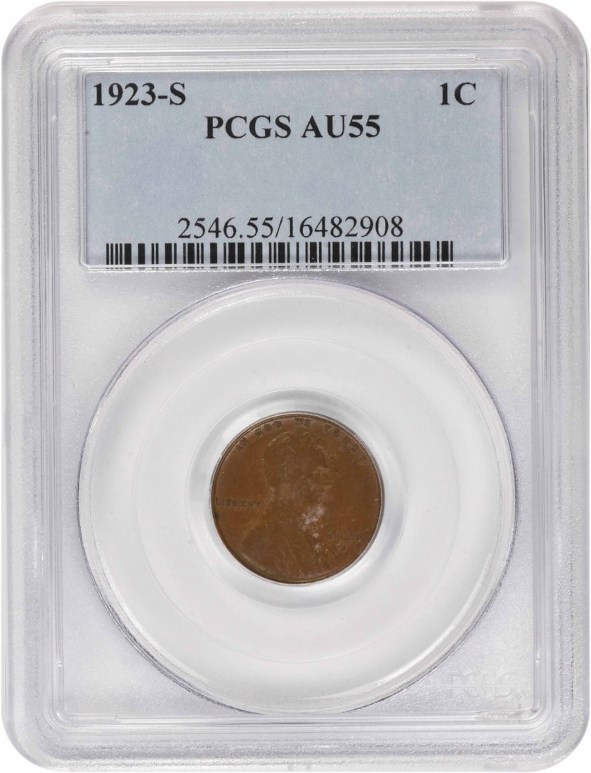 PCGS AU55 1923 S Lincoln Wheat Small Cent: PCGS AU55 1923 S Lincoln Wheat Small Cent 1923-S Lincoln Wheat Cent graded AU55 by PCGS. This pre-owned United States small cent is composed of copper and is listed as circulated. The coin is identifi