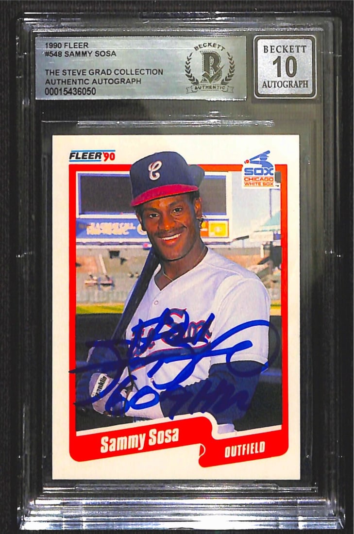 Sammy Sosa Signed 1990 Fleer #548 Card Auto Grade 10 Beckett: Sammy Sosa Signed 1990 Fleer #548 Card Auto Grade 10 Beckett This is an autographed 1990 Fleer #548 sports trading card featuring Sammy Sosa, who has inscribed "609HR's" in blue permanent marker. The 