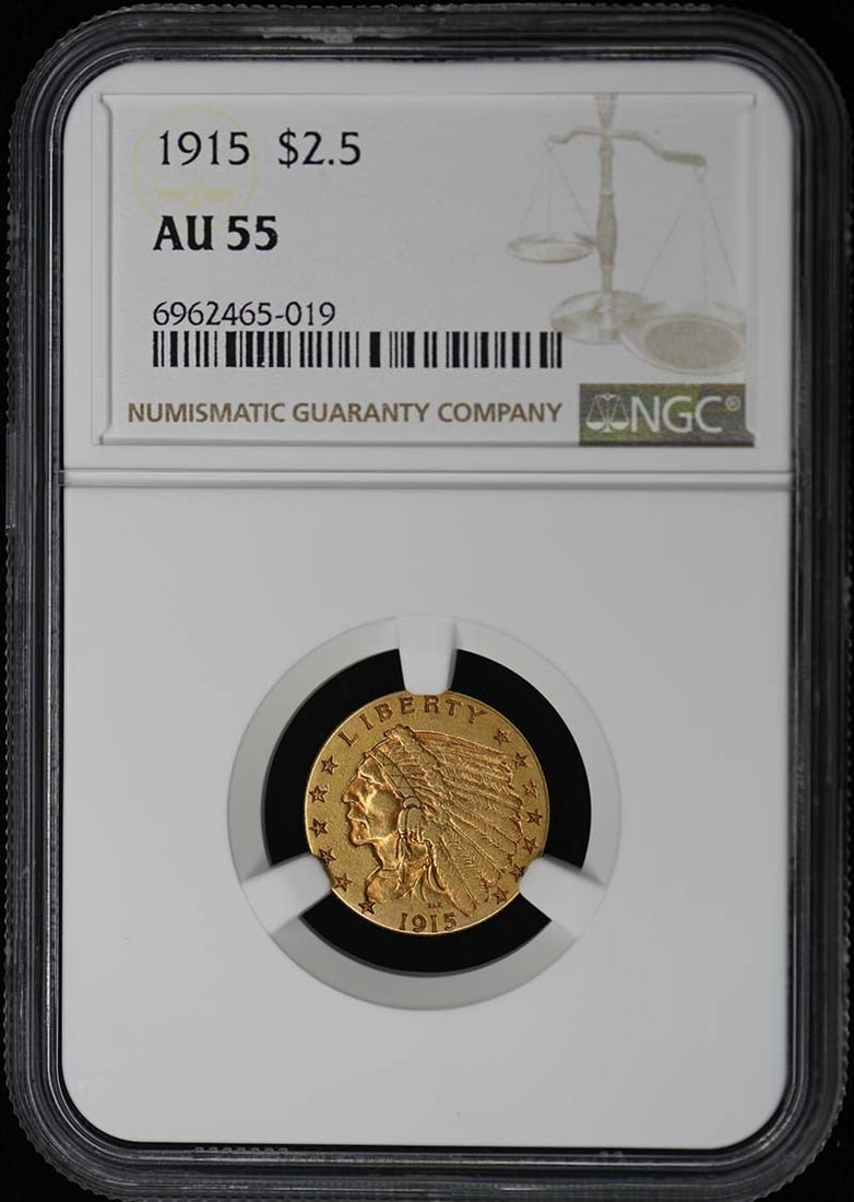 1915 Indian Head $2.50 Coin NGC AU55 Certified Philadelphia: 1915 Indian Head $2.50 Coin NGC AU55 Certified Philadelphia This 1915 Indian $2.50 coin, certified by NGC with a grade of AU55, represents a significant piece of American numismatic history. Minted in