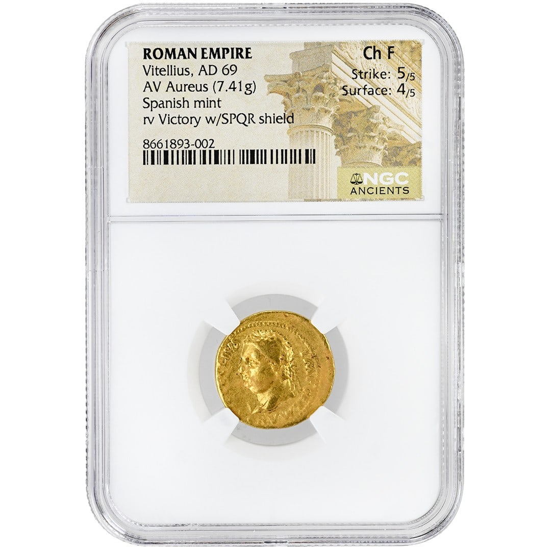 Vitellius AD 69 Roman Gold Aureus NGC Ch F Spanish Mint Victory Reverse: Vitellius AD 69 Roman Gold Aureus NGC Ch F Spanish Mint Victory Reverse This is a rare Roman Empire AV Aureus gold coin from the reign of Vitellius, dated AD 69. Minted in Spain, this certified coin f