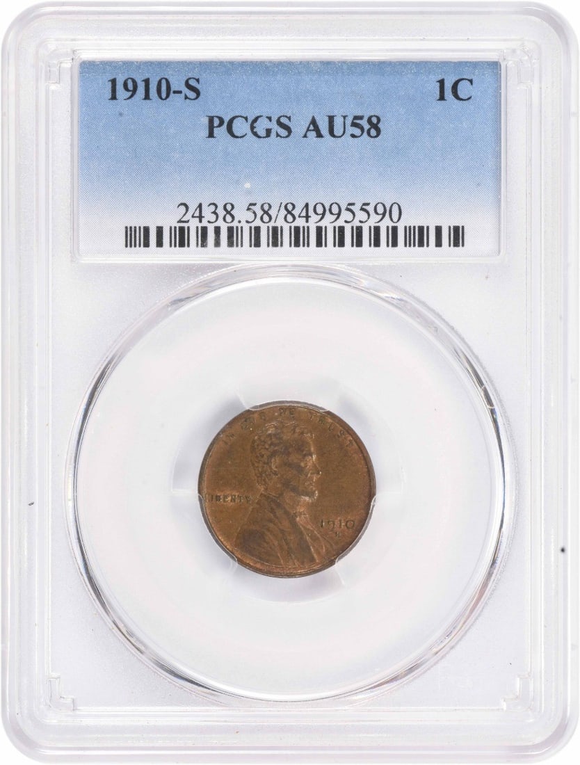 PCGS AU58 1910 S Lincoln Wheat Small Cent: PCGS AU58 1910 S Lincoln Wheat Small Cent 1910-S Lincoln Cent graded AU58 by PCGS. This circulated United States small cent is composed of copper and identified as a Lincoln Wheat coin. It is pre-owne