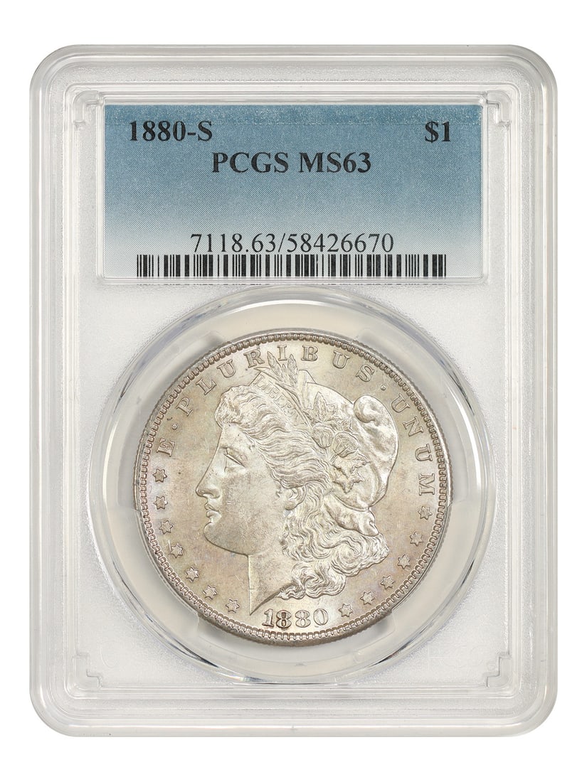 PCGS MS63 1880-S Morgan Dollar $1 Coin: PCGS MS63 1880-S Morgan Dollar $1 Coin An 1880-S Morgan Dollar $1 coin certified by PCGS and graded MS63. This uncirculated example was minted in San Francisco and is presented in pre-owned condition.
