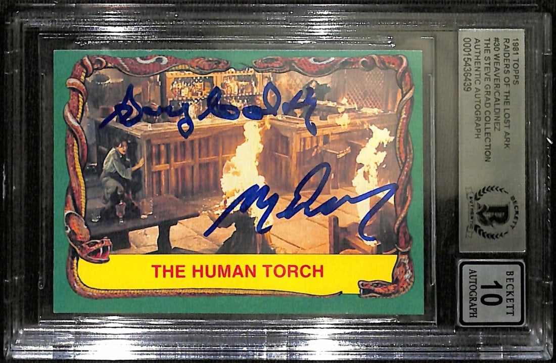 Indiana Jones #30 Trading Card Signed by Sonny Caldinez Malcolm Weaver BAS Auto 10: Indiana Jones #30 Trading Card Signed by Sonny Caldinez Malcolm Weaver BAS Auto 10 This is a 1981 Topps Indiana Jones #30 "The Human Torch" non-sports trading card, autographed in blue permanent marke