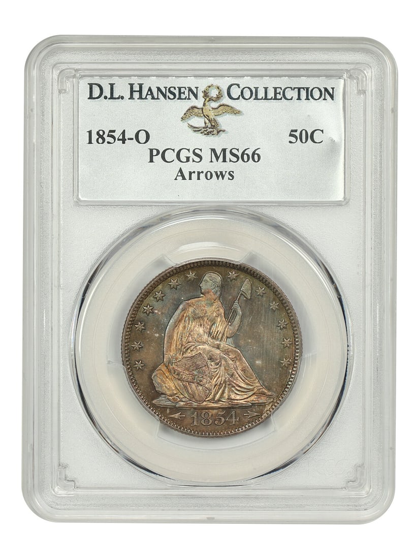 PCGS MS66 1854-O Liberty Seated Half Dollar With Arrows ex D.L. Hansen: PCGS MS66 1854-O Liberty Seated Half Dollar With Arrows ex D.L. Hansen 1854-O Liberty Seated Half Dollar, PCGS MS66, With Arrows. This uncirculated example from the New Orleans Mint is described as a 