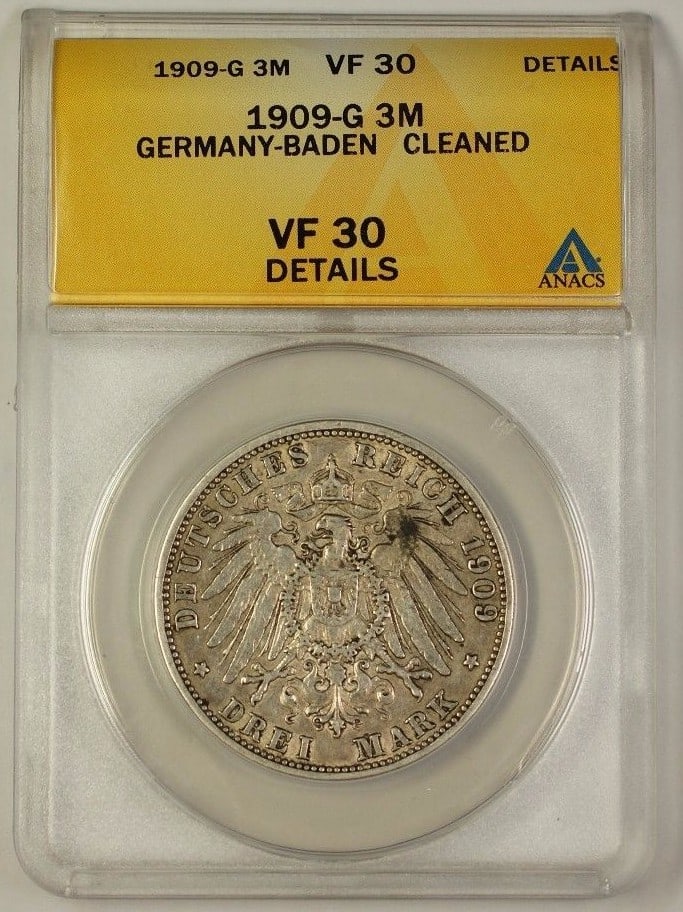 ANACS VF-30 1909-G Three Mark Silver Coin from Baden Germany: ANACS VF-30 1909-G Three Mark Silver Coin from Baden Germany This 1909-G Germany-Baden Three Mark coin is crafted from silver and has been graded VF-30 Details by ANACS. The coin is circulated and has