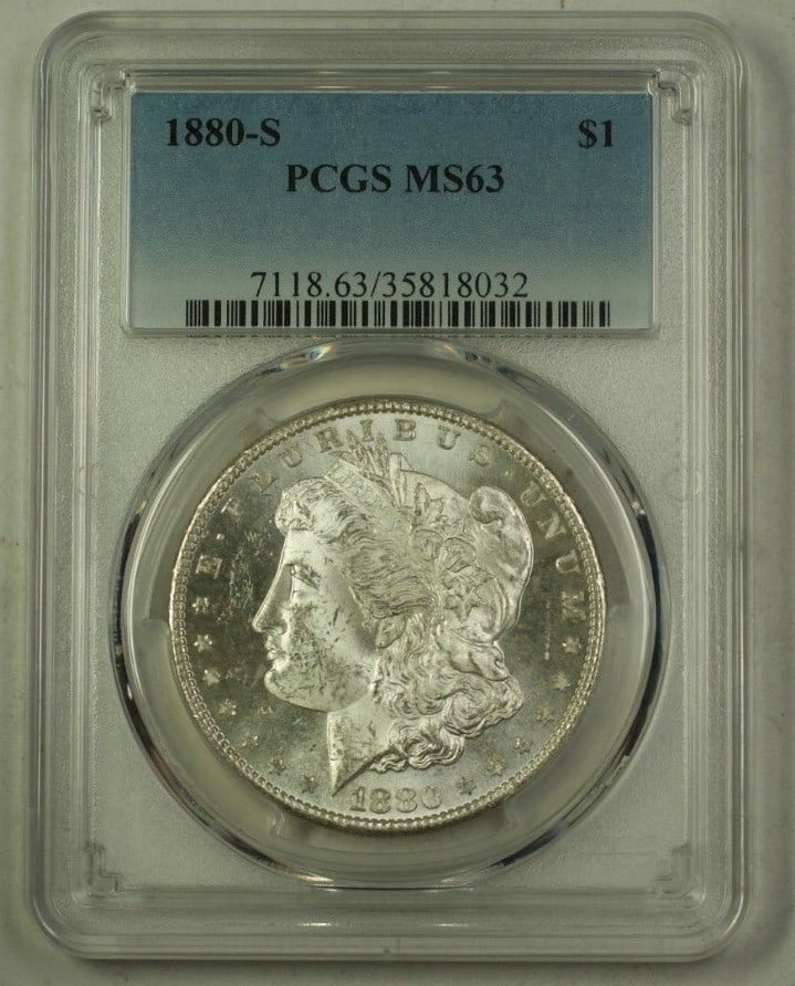 PCGS MS63 1880-S Morgan Dollar Silver Coin San Francisco Mint: PCGS MS63 1880-S Morgan Dollar Silver Coin San Francisco Mint This is an 1880-S Morgan Silver Dollar coin from the United States, minted in San Francisco. It is certified by PCGS with a grade of MS 63