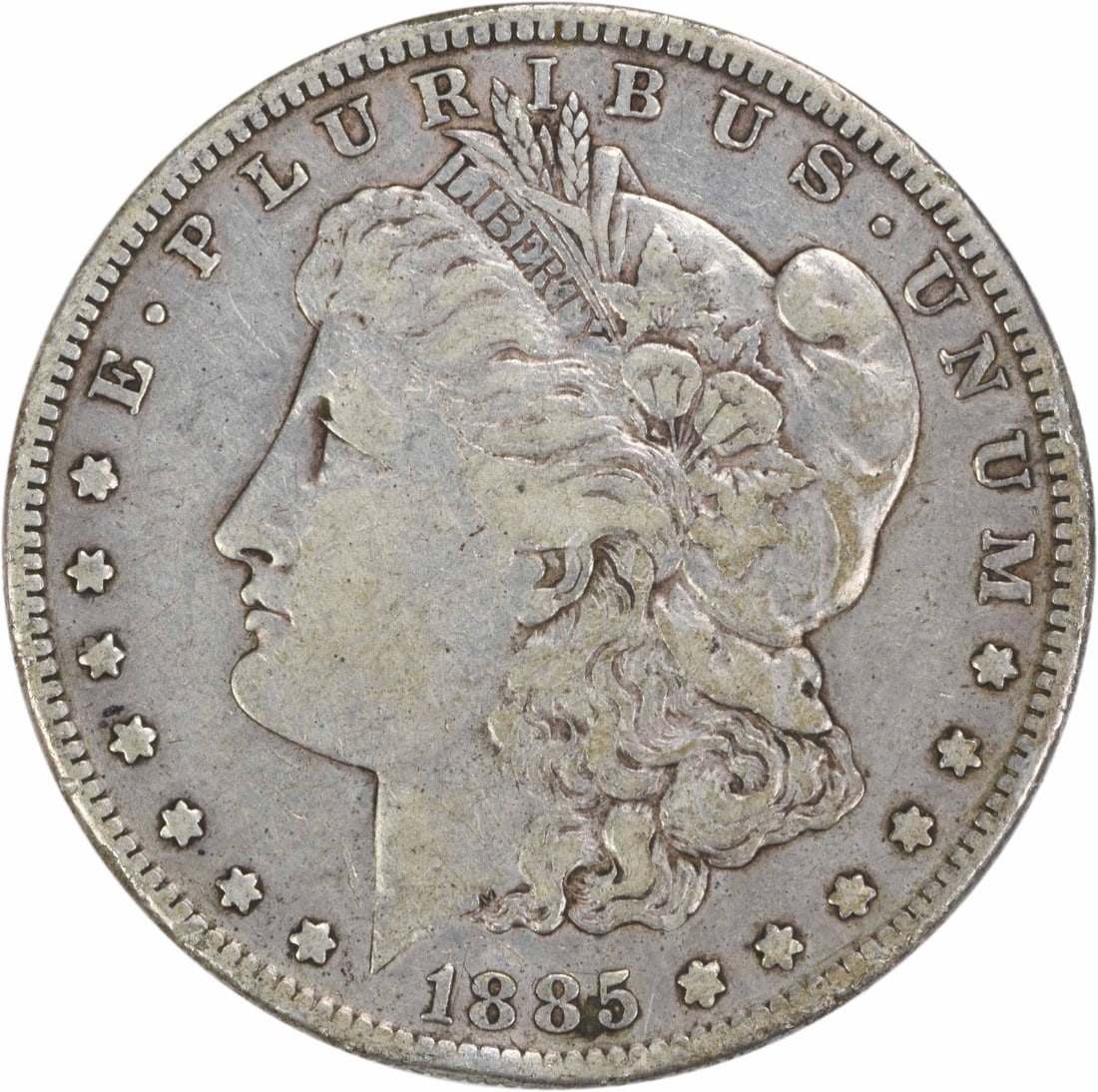 VF Grade 1885 San Francisco Morgan Dollar Uncertified Silver Coin: VF Grade 1885 San Francisco Morgan Dollar Uncertified Silver Coin This is an 1885-S Morgan Silver Dollar from the San Francisco Mint, featuring a composition of 90% silver and 10% copper. Designed by 