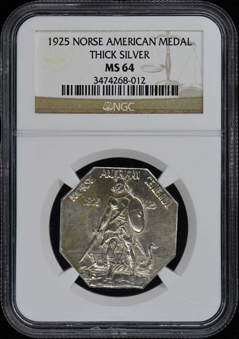 1925 Norse Thick Silver Commemorative Medal NGC MS64 Certified: 1925 Norse Thick Silver Commemorative Medal NGC MS64 Certified This is a 1925 Norse commemorative thick silver medal graded MS64 by NGC. The medal remains in un-used condition and is certified with th