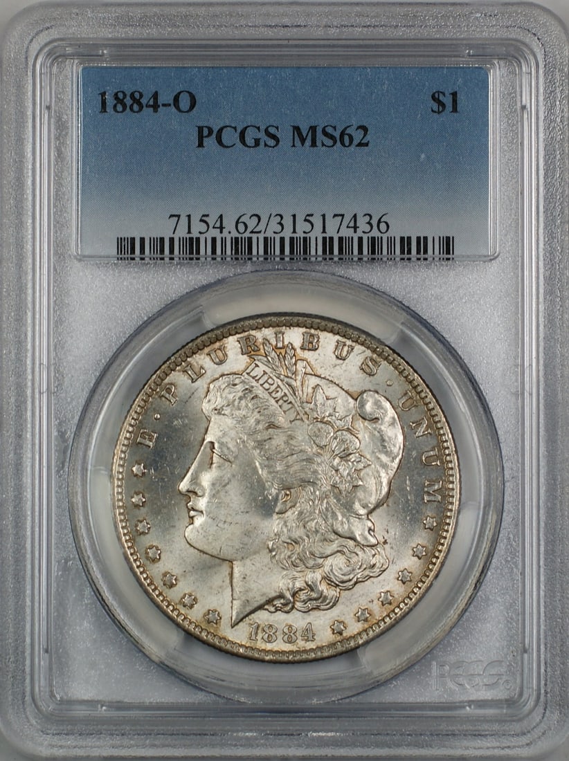 PCGS MS62 1884-O Morgan Dollar Silver Coin Uncirculated New Orleans Mint: PCGS MS62 1884-O Morgan Dollar Silver Coin Uncirculated New Orleans Mint This 1884-O Morgan Silver Dollar is certified by PCGS with a grade of MS 62, indicating it is uncirculated and in excellent con