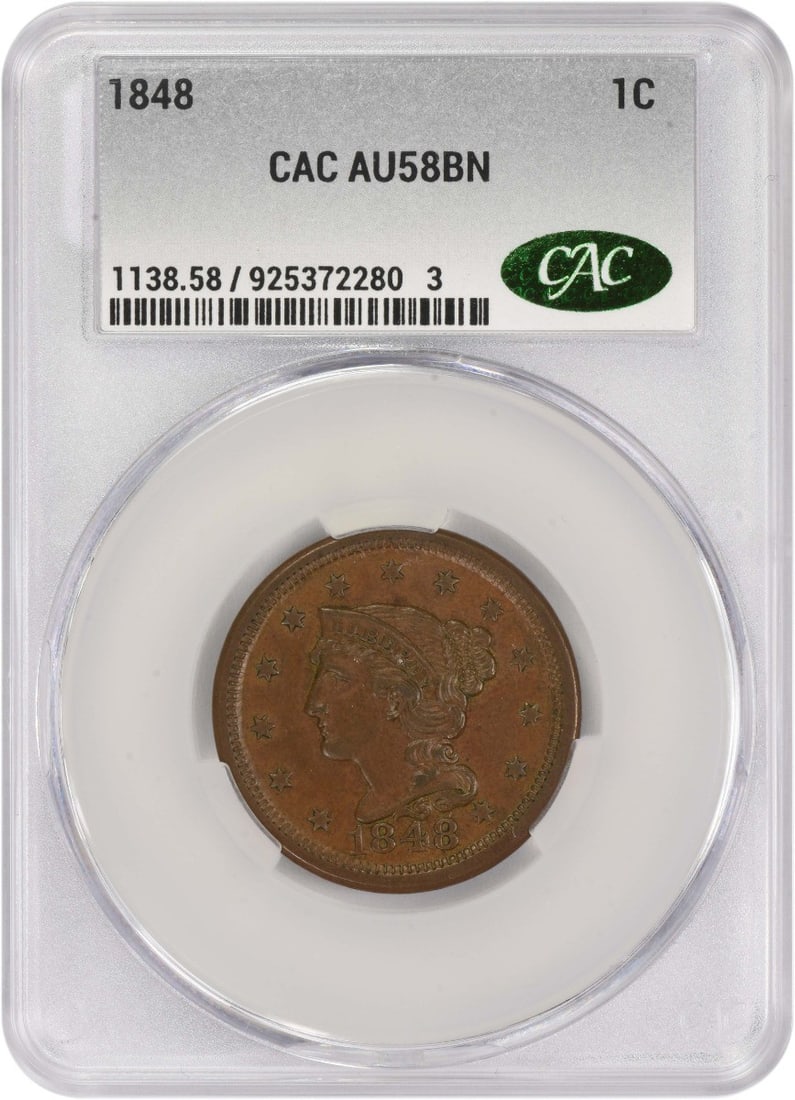 1848 Braided Hair Large Cent AU58BN CACG Certified: 1848 Braided Hair Large Cent AU58BN CACG Certified This 1848 Large Cent is a remarkable piece of American numismatic history, featuring the iconic Braided Hair design created by Christian Gobrecht. It