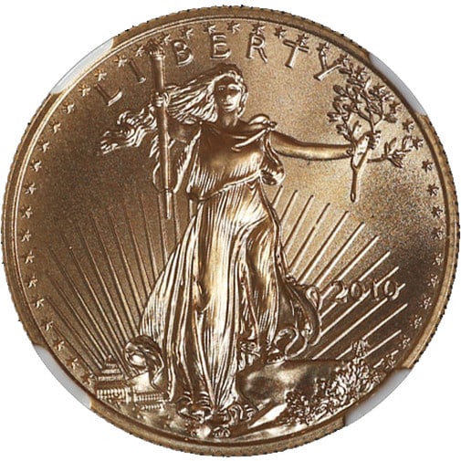 2010 $25 Gold Eagle Coin NGC Graded MS70 Uncirculated: 2010 $25 Gold Eagle Coin NGC Graded MS70 Uncirculated This 2010 Gold American Eagle $25 coin is certified by NGC with a grade of MS70. Struck in 22-karat gold with a fineness of 0.9167, the coin is un