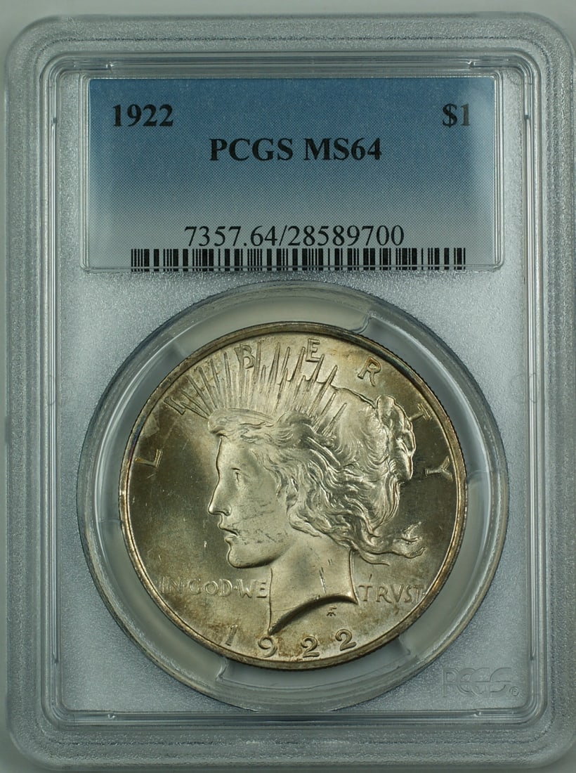 Lightly Toned 1922 Peace Dollar Silver Coin PCGS MS-64: Lightly Toned 1922 Peace Dollar Silver Coin PCGS MS-64 This 1922 Peace Silver Dollar features a lightly toned finish and is certified by PCGS with a grade of MS 64. Struck in Philadelphia, this uncirc