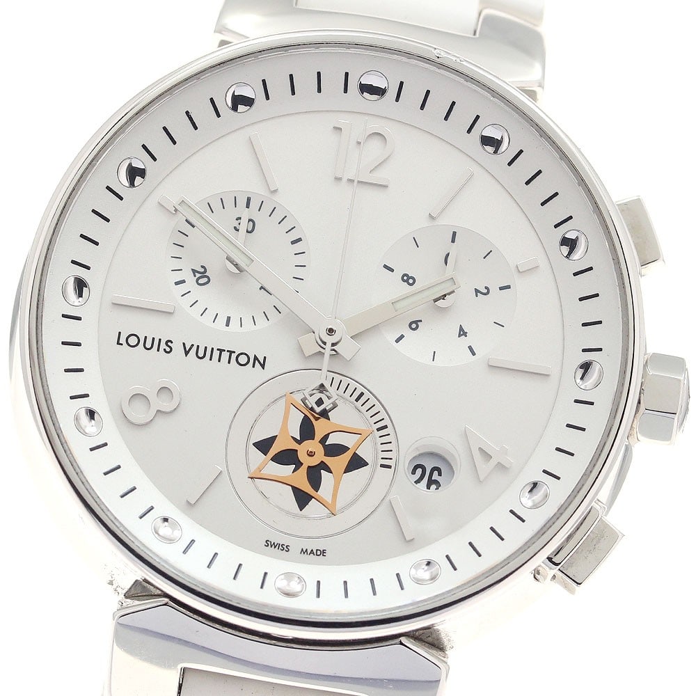 Louis Vuitton Tambour Moonstar Quartz Chronograph Ladies Watch: Louis Vuitton Tambour Moonstar Quartz Chronograph Ladies Watch This is a pre-owned Louis Vuitton Q8G00 Tambour Moonstar Date Chronograph quartz wristwatch designed for women. Crafted in Switzerland, t
