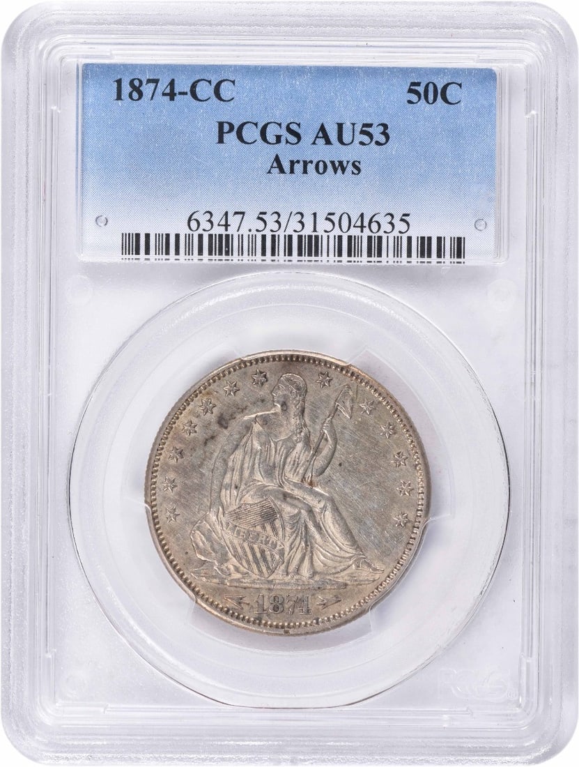 PCGS AU53 1874-CC Seated Liberty Half Dollar Arrows: PCGS AU53 1874-CC Seated Liberty Half Dollar Arrows This 1874 Liberty Seated Silver Half Dollar features the arrows design and was minted in Carson City. Graded AU53 by PCGS, this circulated coin is c