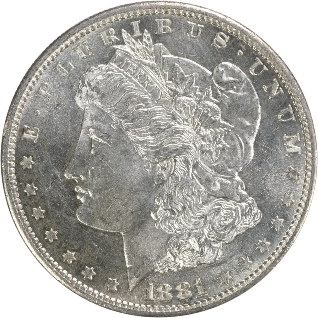 Choice BU 1881 S Morgan Silver Dollar Uncirculated Uncertified: Choice BU 1881 S Morgan Silver Dollar Uncirculated Uncertified This is an 1881-S Morgan Silver Dollar from the United States. The coin is composed of silver and is in Choice Brilliant Uncirculated (BU